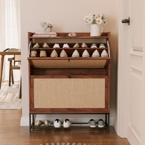 AVZEAR Narrow Shoe Storage Cabinet for Entryway with 2 Flip Drawers, Freestanding Shoe Cabinet with Natural Linen Panel, Slim Wood Shoe Organizer Closed Shoe Rack for Hallway, Foyer(Walnut)