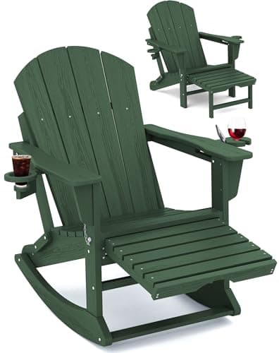 KINGYES Adirondack Rocking Chair with Retractable Ottoman and Cup Holders, HDPE Adirondack Rocker Patio Rocking Chair for Porch, Patio, Balcony, Dark Green
