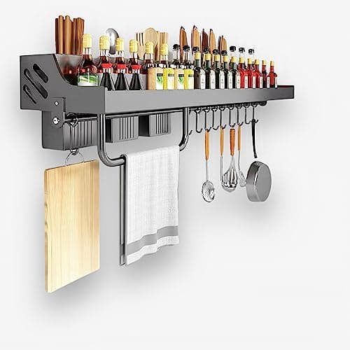JRK Technology Hanging Spice Rack Wall Mount knife holder tool storage racks shelving units tableware shelf kitchen rack Stainless Steel spice organizer Rack wall mounted (11.8 Inch, Black)