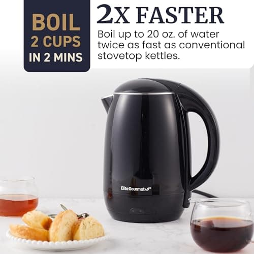 Elite Gourmet EKT1821 1.8L Double Wall Insulated, Cool-Touch 1500W Kettle w/Stainless Steel Interior & Lid, 360° Swivel Base for Cord Free Serving, Power On Lever, Auto Shut-Off, Boil Dry, Black 5