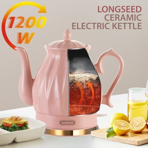 LONGSEED Ceramic Electric Kettle, 1.5L/1200W Boil Water Quickly and Easily with Boil-Dry Protection Auto Shut Off, Detachable Swivel Base, Diamond Cut Glazed 9