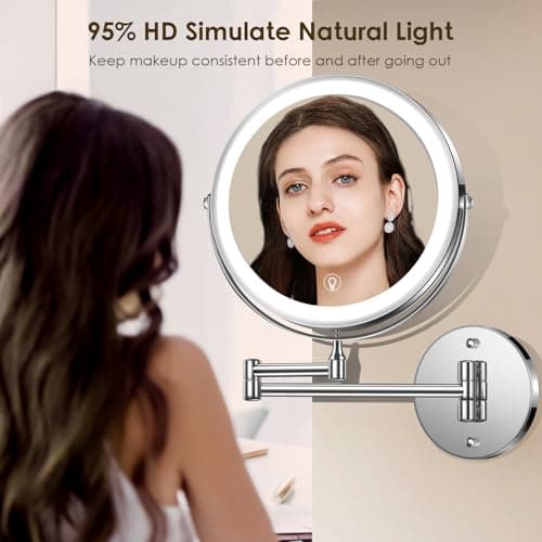 MNIENT Wall Mounted Lighted Makeup Mirror, 8" Rechargeable Double-Sided Light up Magnifying Mirror 1x/10x, 3 Colors Led Vanity Mirror with Lights, Touch Dimmable 360° Rotation Foldable 7