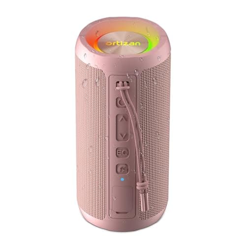Ortizan Wireless Portable Bluetooth Speaker, IPX7 Waterproof, Dustproof and Rustproof, Powerful 24W Sound, Enhanced Bass, 30 Hour Battery, 360° Party Light, and Stereo Pairing (BT 5.3), Gifts - Pink