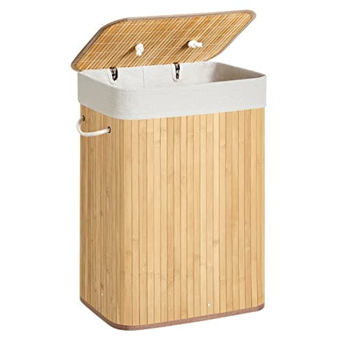 SONGMICS Foldable Laundry Hamper with Lid, 19 Gal. Bamboo Laundry Basket, Rectangular Storage Hamper with 3 Handles, 15.7 x 11.8 x 23.6 Inches, for Laundry Room, Bedroom, Natural ULCB10YV1