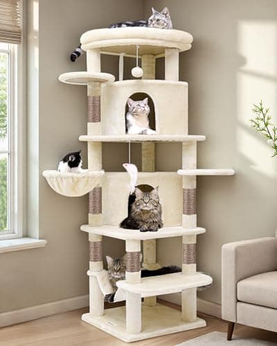 Globlazer Corner Cat Tree for Large Cats, 66inch Tall Curved Series Large Cat Tower for Multiple Indoor Cats with 6 Scratching Posts, 2 Spacious Cat Condos, Hammock, Hanging Basket, C66, Beige