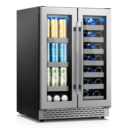 Friduo 24 inch Wine and Beverage Refrigerator, Upgraded Dual Zone Wine Cooler Refrigerator with Glass Door, 20 Bottles and 88 Cans Beverage Fridge Under Counter or Freestanding for Beer Soda Bar