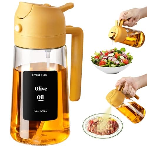 SWEET VIEW Oil Sprayer for Cooking, 16oz/470ml 2 In 1 Glass Olive Oil Sprayr & pourer for Kitchen, Air Fryer, Cooking, Salad, BBQ (Yellow)