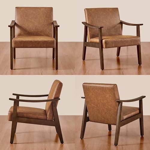 Yaheetech PU Leather Accent Chair, Mid-Century Modern Armchair with Solid Wood Legs, Reading Leisure Chair with High Back for Living Room Bedroom Waiting Room, Set of 2, Brown 9