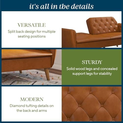 Novogratz Tallulah Memory Foam Futon, Convertible Couch, Camel Faux Leather 6
