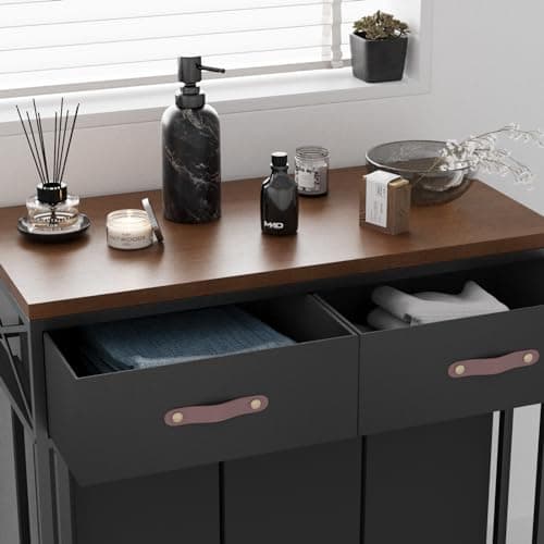 CJWD Rolling Laundry Basket Organizer on Wheels, Laundry Sorter Hamper 3 Section with Wheels Shelf and 2 Drawers, Rustic Brown and Black 6