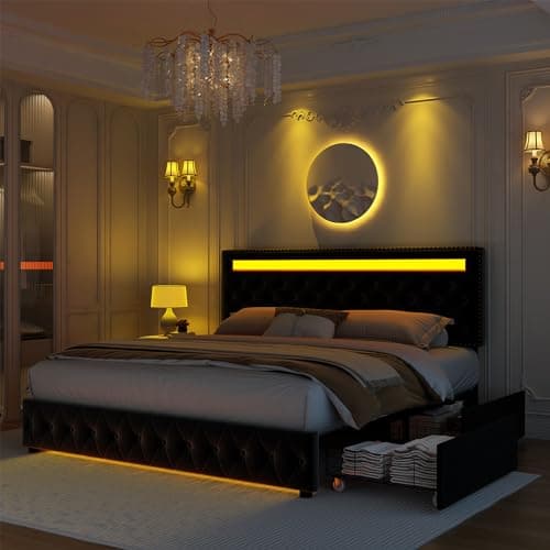 GEGOFORU Full Led Bed Frame with 4 Storage Drawers, with Smart Control RGBW LED Lights Headboard Footboard, Control DIY Color, Box Spring Optional, Black-Velvet 5