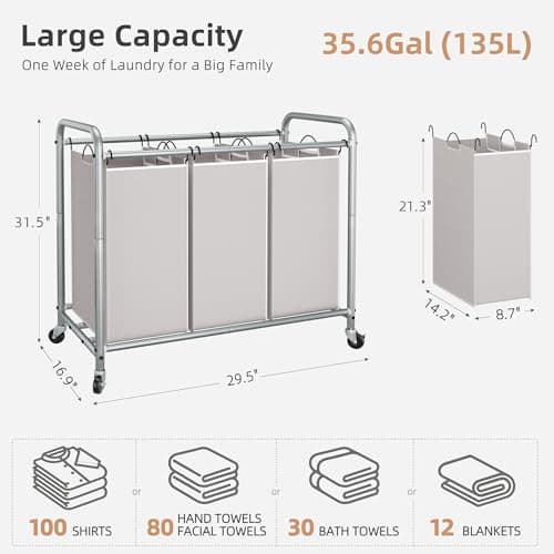 STORAGE MANIAC 3 Section Laundry Sorter, 35.6 Gal (135 L) Laundry Hamper Cart with Heavy Duty Rolling Lockable Wheels and Removable Bags, Clothes Organizer Basket Clothes Separator Hamper, Gray 4
