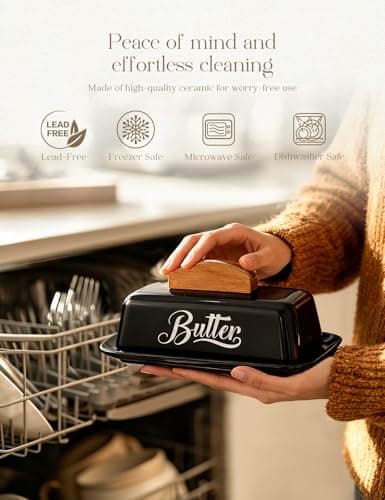 Black Butter Dish with Lid and Knife，Black Butter Tray，Ceramic Butter Holder for Counter Humanized Clamp-able Knife Handle Design Perfect for East West Coast Butter 6