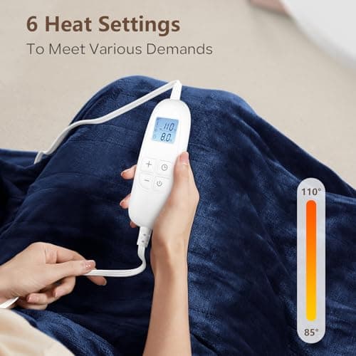 Electric Heated Blanket Queen Size 84" x 90" with 6 Heating Levels & 8h Auto Off, Ultra Soft Flannel Full Body Fast Heating Warming Blanket for Bed Sofa Home Office, Machine Washable, Blue 6