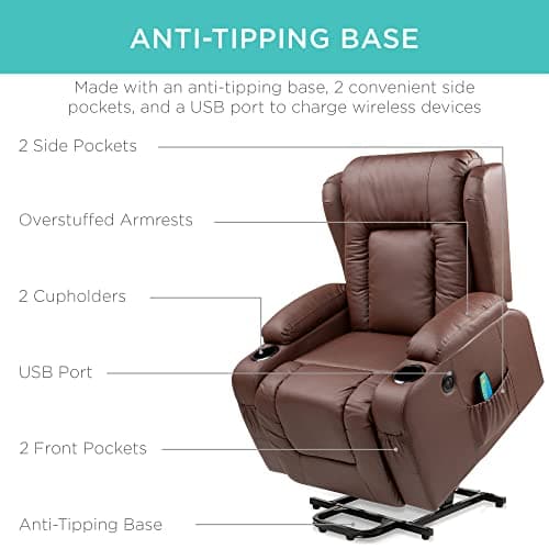 Best Choice Products PU Leather Electric Power Lift Chair, Recliner Massage Chair, Adjustable Furniture for Back, Legs w/ 3 Positions, USB Port, Heat, Cupholders, Easy-to-Reach Side Button - Brown 6