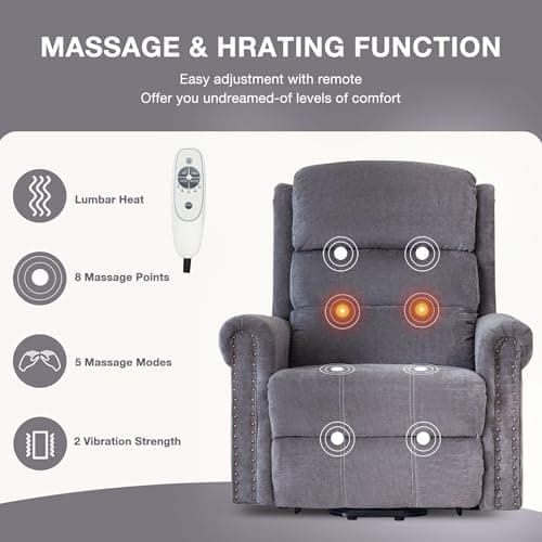 Oversized Power Lift Recliner Chair for Elder, Ergonomic Recliner Sofa with 8 Point Vibration Massage and Heat, Fabric Overstuffed Recliner with USB Ports, Vintage Rivet 5
