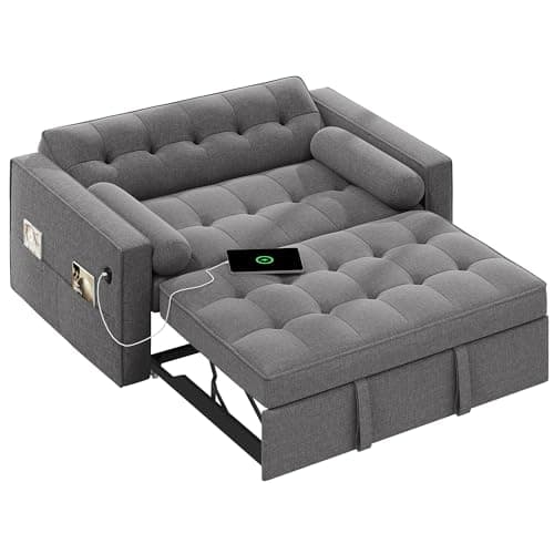 DWVO 3-in-1 Convertible Sleeper Sofa Bed, Folding Futon Couch with Pullout Bed, 5-Level Backrest, USB Ports, Storage Pockets, and Pillows, Modern Lounge Furniture for Living Room (Dark Gray)