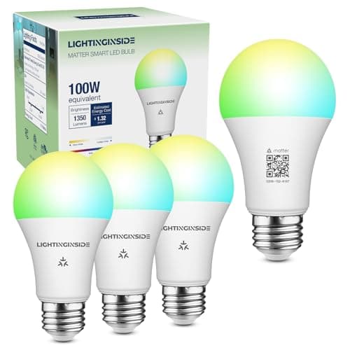 Lightinginside Matter Smart Light Bulbs 11W 1350LM 100W Equivalent, Compatible with Alexa/Siri/Apple Home/Google Home/SmartThings, A19 E26 WiFi RGBCW Color Changing Bulb,2.4G WiFi, ETL Listed, 4PCS