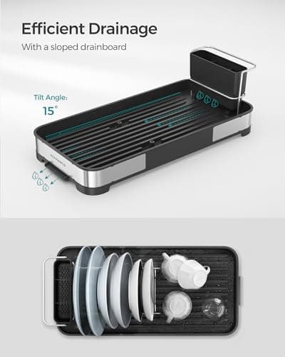 SONGMICS Small Dish Drying Rack, Dish Dryer for Kitchen Counter, Stainless Steel Dish Rack with Drain, Utensil Holder, Rustproof, for Dishes, Knives, Spoons, Forks, Silver and Black UKCS034B01 6