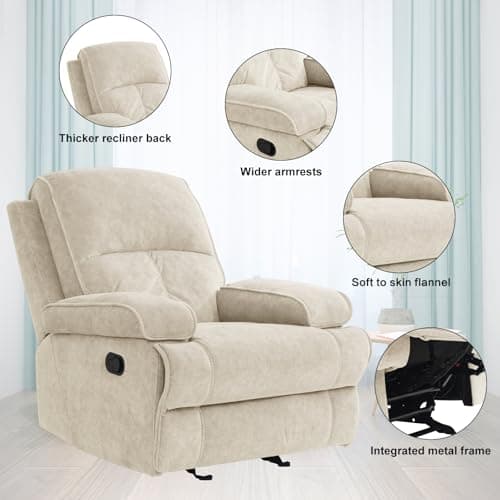 KeyEnergy Manual Rocker Recliner Chair for Adults, High Back Glider with Deep Seat, Upholstered Fabric Armchair for Living Room & Nursery, Beige 5