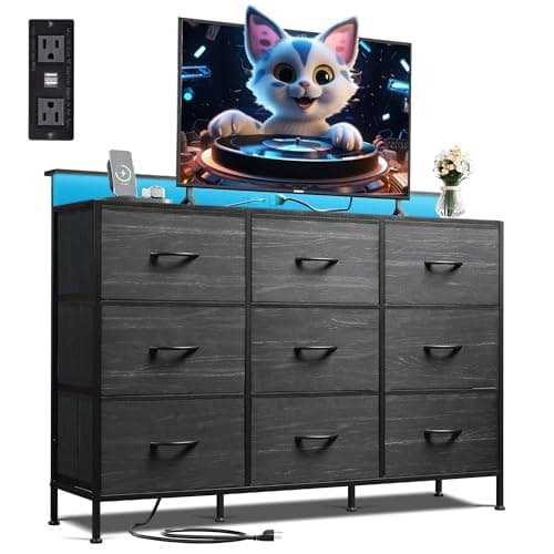 WLIVE Black Dresser TV Stand for 45, 50, 55 inch TV, Entertainment Center with LED Lights & Charging Station, Chest of drawers with 9 Fabric Drawers and Open Shelves for Living Room, Hallway, Wood Top