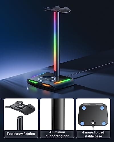 New Bee RGB Headphone Stand with 2 USB-C & 1 USB Charging Ports, Desk Gaming Headset Holder with 7 Light Modes and Non-Slip Rubber Base Suitable for All Earphone Accessories 5