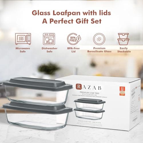 Razab LARGE 7.6 Cups/1800 ML/1.9 Qt Glass Loaf Pan with Lids (Set of 2) - Meatloaf Pan BPA free Airtight Lids Grip Handle Easy Carry, Microwave and Oven Safe - Loaf Pans For Baking Bread, Cakes 7