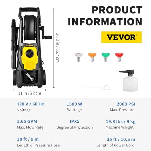 VEVOR Electric Pressure Washer, 2000 PSI, Max 1.65 GPM Power Washer w/ 20 ft Hose & Reel, 4 Quick Connect Nozzles, Foam Cannon, Portable to Clean Patios, Cars, Fences, Driveways, ETL Listed 7