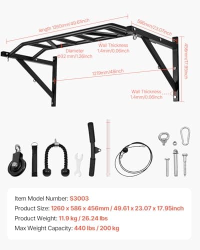 VEVOR Pull Up Bar, Multi-Grip Wall Mounted Pull Ups, 50 in Width Multifunctional Chin Up Training Station, Heavy Duty Steel Upper Body Workout Bars with LAT Pulldown Attachments, 440 lbs, for Home Gym 7