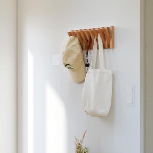 yaochuforest Coat & Hat Hooks Wall Mount with Key Holder, Wall Mounted Coat Rack with 9 Retractable Hangers, Solid Wood Slim Key Holder for Entryway, 17in Natural Finish 8