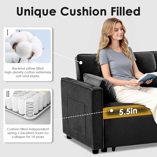 tiramisubest Sleeper Sofa Bed,55'' Convertible Pull Out Couch with Side Pockets,Velvet Fabric Loveseat Sleeper Sofa with Adjustable Backrest for Living Room,Apartment(Black) 5