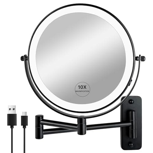 JANEEVA 8" Wall Mounted Lighted Makeup Mirror,Rechargeable Double Sided 1X/10X Magnifying Mirror with 3 Color Lights,Touch Dimmable Bathroom Vanity Mirror with 360°Swivel Extendable Arm Matte Black