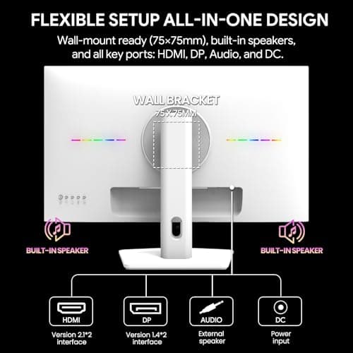 CRUA 27 Inch Gaming Monitor 360HZ, 2K QHD 2560x1440 IPS Panel White Computer Monitors with Built in Speakers, Support AMD FreeSync, 120% sRGB, Blue Light Filter, DP1.4 & HDMI2.1, Wall Mountable 6