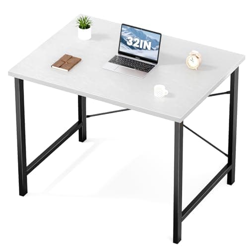 Sweetcrispy Computer Desk, Small Office 32 Inch Writing Work Study Student Teacher Home Bedroom Table with Metal Frame Wood Tabletop - White
