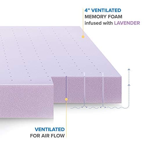 Mellow 4 Inch Ventilated Memory Foam Mattress Topper, Soothing Lavender Infusion, CertiPUR-US Certified, Queen 5