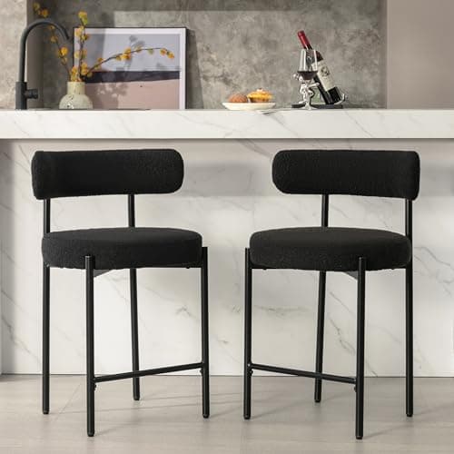 Locus Bono 24'' Boucle Counter Stool Set of 2, Black Bar Stools with Backs, Upholstered Counter Chairs
