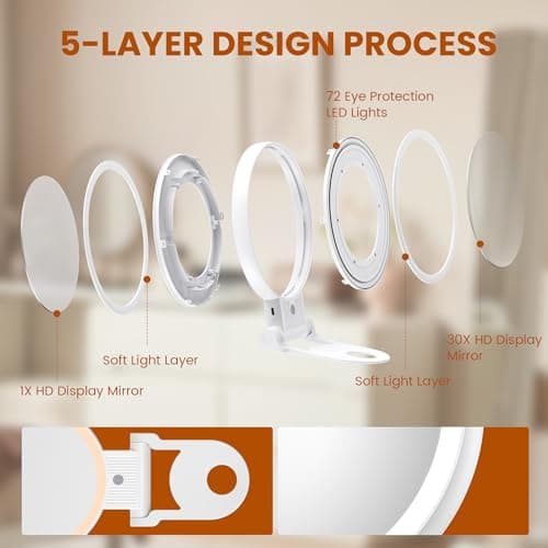 tubbede 1X/30X Lighted Makeup Mirror with Magnification, Double-Sided Switch, 3-Color Lights, 2000mAh Rechargeable, Adjustable Brightness, Swivel Makeup Mirror with Lights for Vanity or Wall Use 7