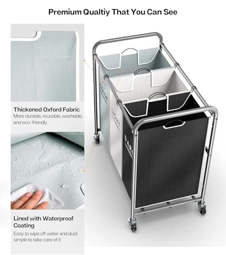 ROMOON Laundry Sorter Hamper 3 Section, Divided Laundry Basket Organizer with Heavy Duty Lockable Wheels and Removable Bags, Rolling Clothes Hamper for Apartment, Dorm & Family (130L Multicolor) 5