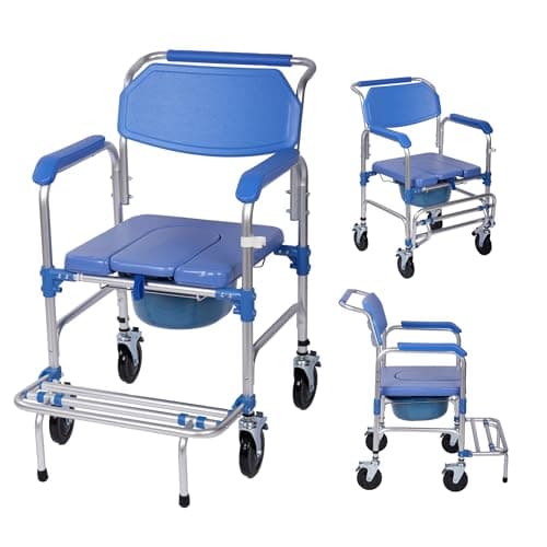 Suuiwau 4-in-1 Bedside Commode Chair With 5" Wheels, 330 lbs Weight Capacity, Shower Wheelchair for Inside Shower, Toilet for Elderly and Disabled, Blue