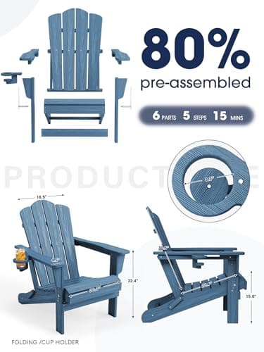 KINGYES Folding Adirondack Chair, HDPE All-Weather Patio Chairs with Cup Holder, Wooden Textured Fire Pit Chairs for Poolside, Backyard, Deck, Navy 10