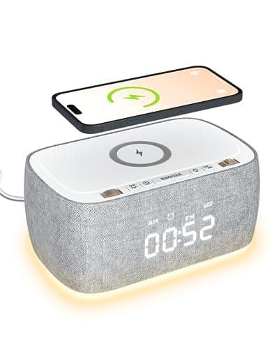 EZVALO Alarm Clock with Wireless Charger,Multifunctional Digital Clock Radio with Speaker,Dimmable LED Display with 9V&2A Fast Charging Port,Night Light for Bedroom, Gray