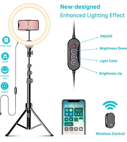 Fugetek 12" Selfie Ring Light with 68" Aluminum Tripod Stand, Bluetooth Remote, Extendable, for Video, Photos, Make Up, 3 Color Mode Controller, USB Powered, Apple & Android Compatible 6