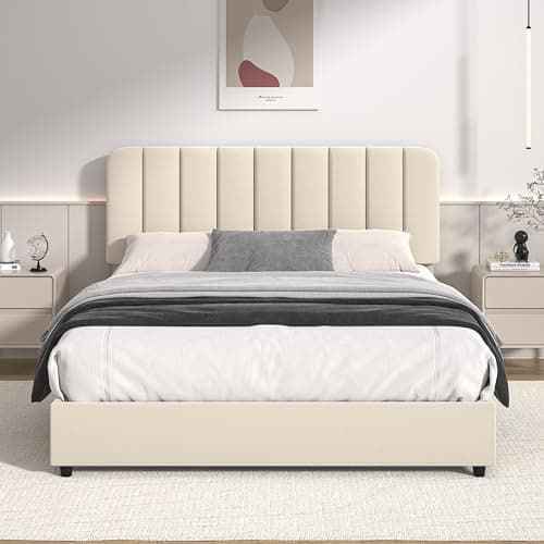 VECELO Queen Size Upholstered Bed Frame with 4 Drawers and Adjustable Headboard, Velvet Platform Storage Bedframe Mattress Foundation, Wooden Slats Support, No Box Spring Needed, Beige 7