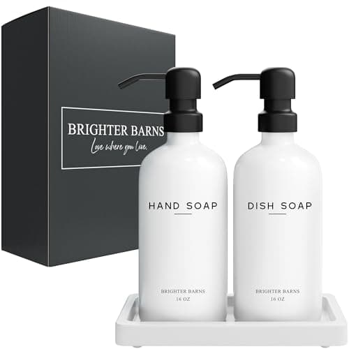 White Glass Hand and Dish Soap Dispenser Set by Brighter Barns - Kitchen Soap Dispenser Set with Tray for Kitchen, Home or Vacation Rental - Modern Kitchen Decor & Accessories (White) 8