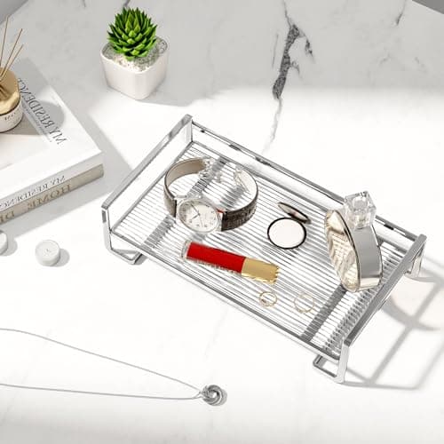 YIWANFW Bathroom Counter Tray- Silver Vanity Trays for Bedroom Dresser Top Organizer for Makeup Perfume Cosmetics Skincare Cologne, Decorative Tray Bathroom Organizers and Storage Toilet Tank Tray 5