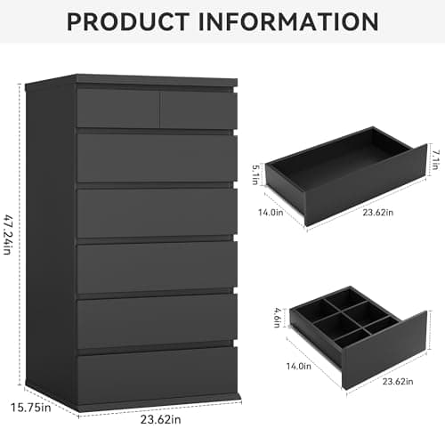 Black Tall 7 Drawer Dresser for Bedroom, Modern Wood Closet Dressers & Chests of Drawers with Jewelry Storage, 23.6" L*15.8" W*47.5" H in Large Vertical Dresser for Bedroom, Living Room, Nursery 2