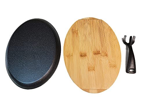 HAWOK Cast Iron Fajita Skillet Japanese Steak Plate with Handle and Bamboo Tray 6