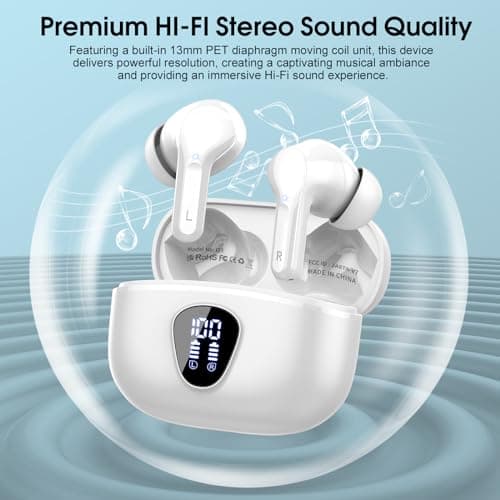 Wireless Earbuds, Bluetooth 5.4 Headphones HiFi Stereo, Bluetooth Earbuds with ENC Noise Cancelling Mic, IP7 Waterproof in Ear Earphones, 48H, LED Display Ear buds for Pad Workout Sports, Deep White 6