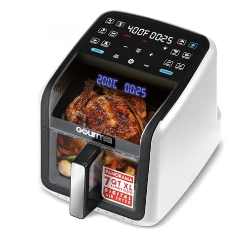 Gourmia Air Fryer 7 QT - Easy View Panorama Window & Interior Light, Guided Cooking with 12 One-Touch Presets, FryForce 360, Dishwasher Safe Accessories, White