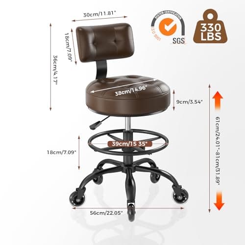 Office Drafting Chair with Footrest, Tall Height Adjustable Stool with Back Support, Heavy Duty Rolling Stool Chair with Wheels for Office Home Kitchen Bar Shop Guitar Studio Medical Vanity(Brown) 9